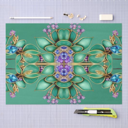 Papier de soie feuilles vertes pierres précieuses (Artisanat)