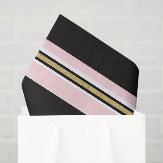 Papier de soie rose et blanc rayure noire or (Sac cadeau)