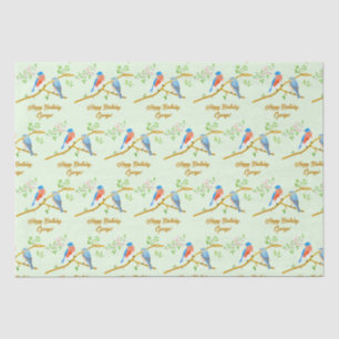 Papier de soie vert pâle aux oiseaux bleus