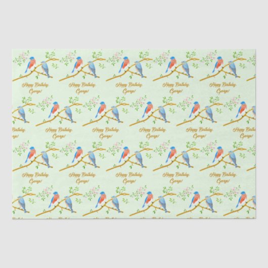Papier de soie vert pâle aux oiseaux bleus (Recto)