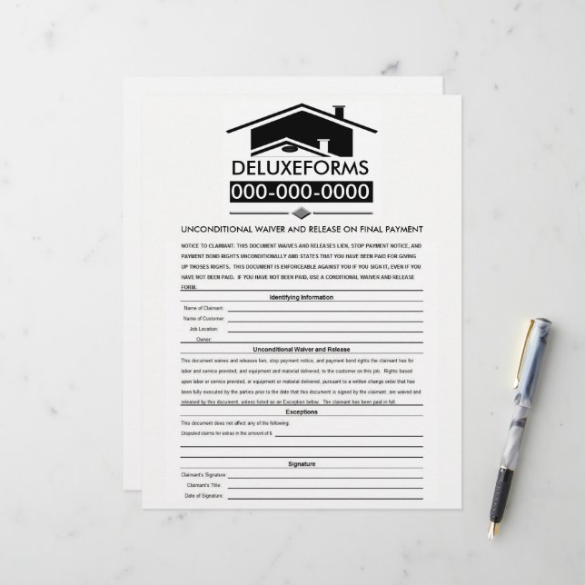 Papier Décharge et renonciation irrévocable sur le toit n (Devant/Arrière en situation)