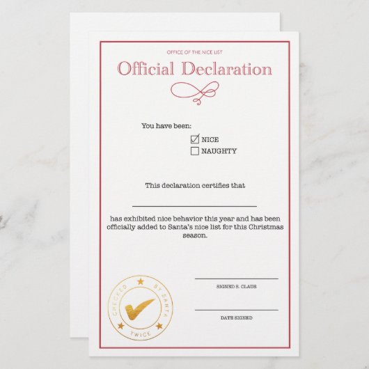 Papier Déclaration de Nice de père Noël vide (Devant / Derrière)