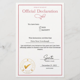 Papier Déclaration de Nice père Noël modifiable