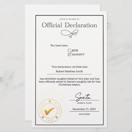Papier Déclaration père Noël Naughty List modifiable (Devant / Derrière)