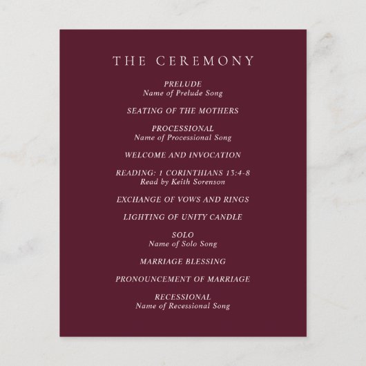 Papier Deep Burgundy Classic Wedding Program (Dos)