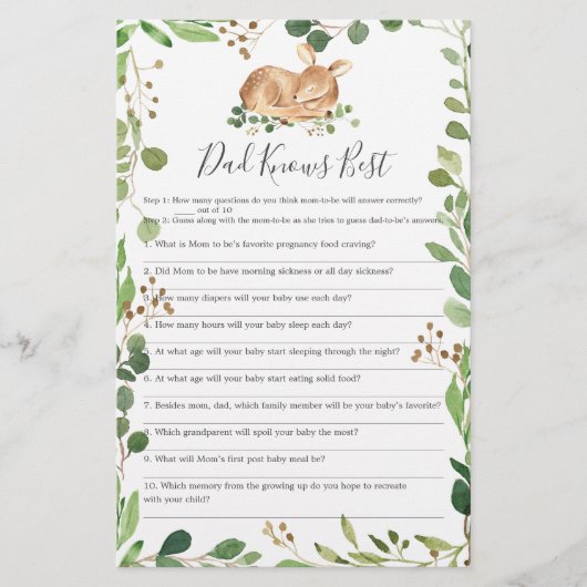 Papier Deer Baby shower Papa connaît le meilleur jeu (Devant)
