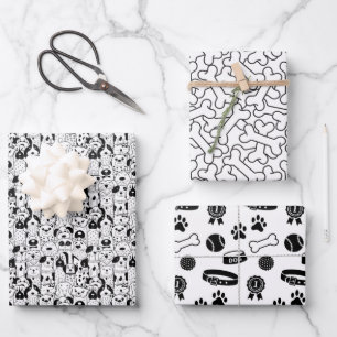 Papier d'emballage à thème Chien noir et blanc en 