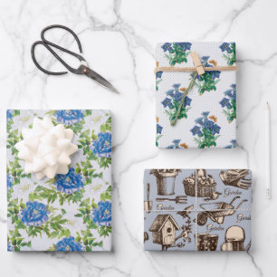 Papier d'emballage bleu jardin Feuille plate par 3