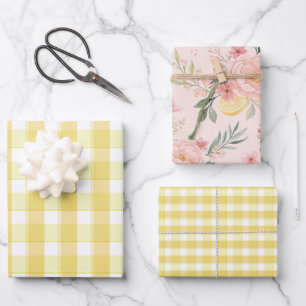 Papier d'emballage écossais rose jaune citron