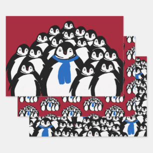 Papier d'emballage Famille de manchots sur fond ro