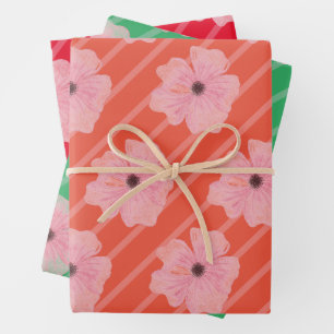 Papier d'emballage Fleurs roses et rayures