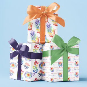 Papier d'emballage floral aquarelle arc-en-ciel en