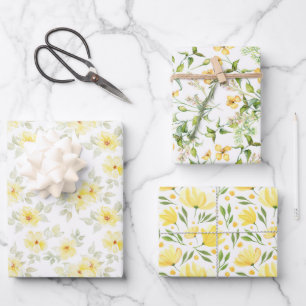 Papier d'emballage floral jaune, emballage cadeau 