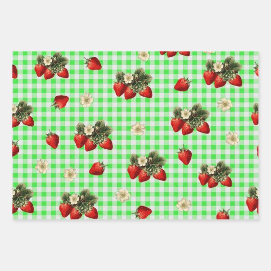 Papier d'emballage fraise sur en vichy vert (Devant)