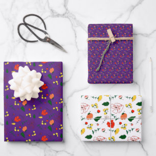Papier d'emballage motif violet fleur sauvage roug