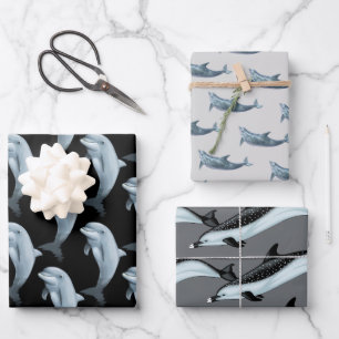 Papier d'emballage noir gris motif dauphin