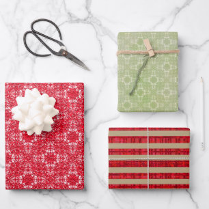 Papier d'emballage Vintage vert, rouge, or et blan