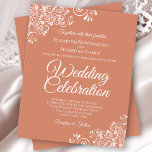 Papier Dentelle blanche sur le Faire-part de mariage BUDG<br><div class="desc">Ces invitations de mariage abordables et abordables sont le choix parfait pour la classe, le style et la beauté sur un budget. La décoration est faite de dentelle fleurie blanche dans les coins sur une orange de terre cuite, ou arrière - plan de couleur pêche corallienne poussiéreuse. La typographie comprend...</div>
