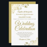 Papier Dentelle d'or sur Faire-part de mariage BUDGET bla<br><div class="desc">Ces belles invitations de mariage sont abordables et abordables, ce qui en fait le choix parfait pour la classe, le style et la beauté sur un budget. Le design est composé d'un arrière - plan blanc avec des boucles en dentelle dorée ornées et des tourbillons dans les coins. La typographie...</div>