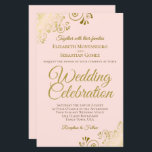 Papier Dentelle d'or sur Faire-part de mariage BUDGÉTAIRE<br><div class="desc">Ces belles invitations de mariage sont abordables et abordables, ce qui en fait le choix parfait pour la classe, le style et la beauté sur un budget. L'aménagement est composé d'un arrière - plan rose pâle, avec des boucles en dentelle dorée ornées et des tourbillons dans les coins. La typographie...</div>