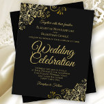 Papier Dentelle d'or sur le Faire-part de mariage BUDGET<br><div class="desc">Ces invitations de mariage abordables et abordables sont le choix parfait pour la classe, le style et la beauté sur un budget. Le design se compose d'un arrière - plan noir classique avec des boucles dorées ornées et des tourbillons dans les coins. La typographie comprend des lettres de script sophistiquées...</div>