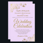 Papier Dentelle d'or sur Lilac Faire-part de mariage BUDG<br><div class="desc">Ces belles invitations de mariage sont abordables et abordables, ce qui en fait le choix parfait pour la classe, le style et la beauté sur un budget. Le design est composé d'un arrière - plan couleur violet lilas clair avec des boucles en dentelle dorée ornées et des tourbillons dans les...</div>