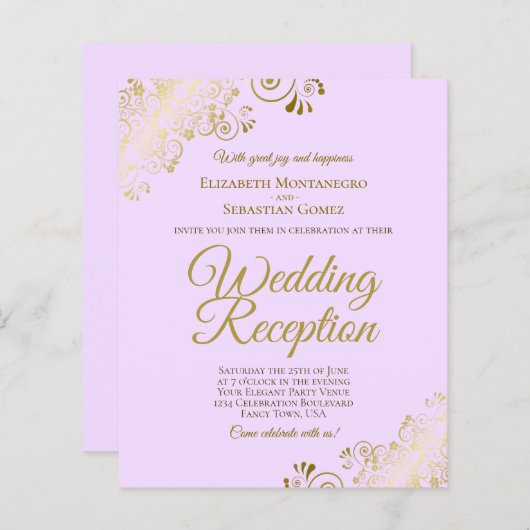 Papier Dentelle d'or sur Lilac Mariage Réception Invitati (Devant / Derrière)