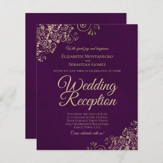 Papier Dentelle d'or sur Plum mariage réception Invitatio (Devant / Derrière)