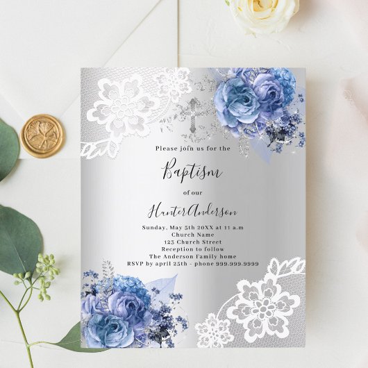 Papier Dentelles bleu argenté invitation au baptême