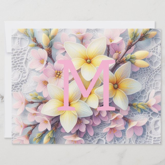 Papier Dentelles monogrammes rose et jaune Fleurs de prin (Devant)