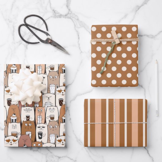 Papier d'enveloppement cool de 3 chats de café (Recto)