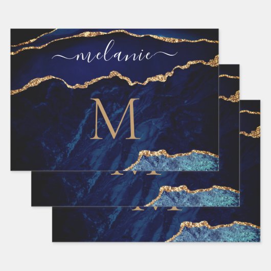 Papier d'enveloppement de marbre bleu or Nom perso (Lot)