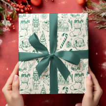 Papier d'enveloppement de Noël Retro Green Doodle