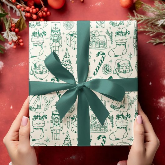 Papier d'enveloppement de Noël Retro Green Doodle