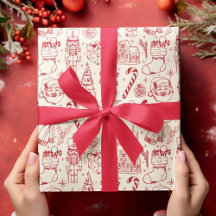 Papier d'enveloppement de Noël Retro Red Doodle