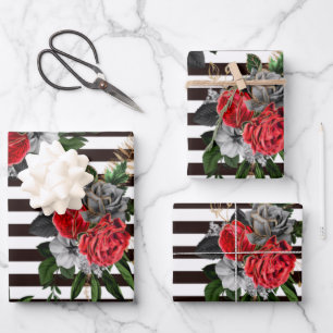 Papier d'enveloppement floral à bande blanche noir