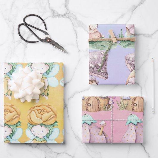 Papier d'enveloppement rose violet jaune fées (Recto)