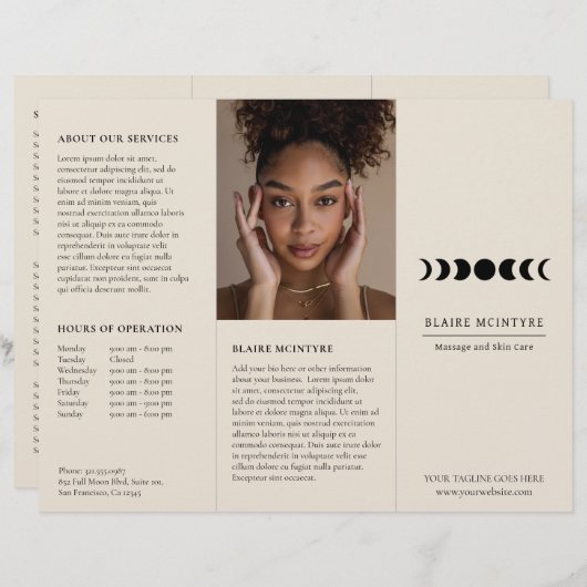 Papier Dépliant triptyque élégant Phases de lune Beige Mo (Devant / Derrière)