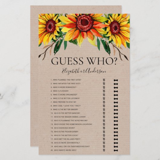 Papier Des Tournesols Rustiques Devinez Qui Fête des mari (Devant / Derrière)