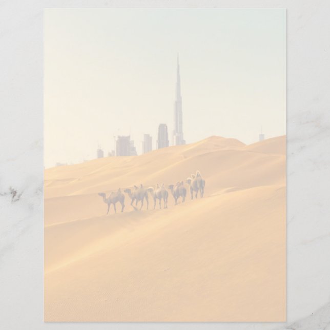 Papier Deserts | Dubai's Skyline View with Camels (Devant)