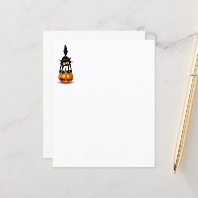 Papier Dessin d'Halloween au chat effrayé sur Citrouille (Devant/Arrière en situation)
