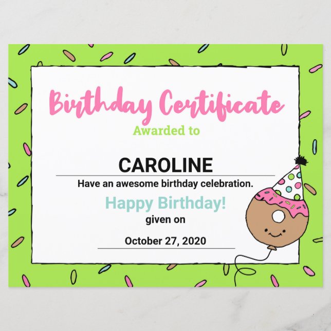 Papier Dessins de donuts cool en cartoon Certificat d'ann (Devant)