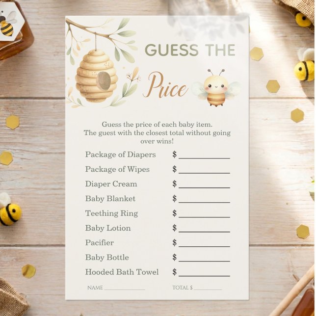 Papier Devine le prix de bébé abeille à la douche ou à la (Guess the Price Game. He or She? What Will Baby Bee? Gender Reveal)