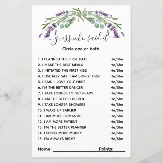 Papier Devine qui a dit lavande nuptiale jeu de douche (Devant)