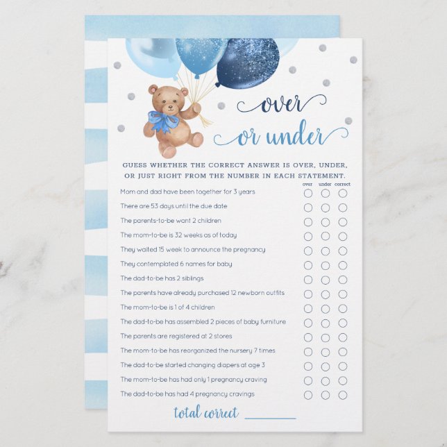 Papier Devinez au-dessus ou sous le Baby shower de jeu Te (Devant / Derrière)