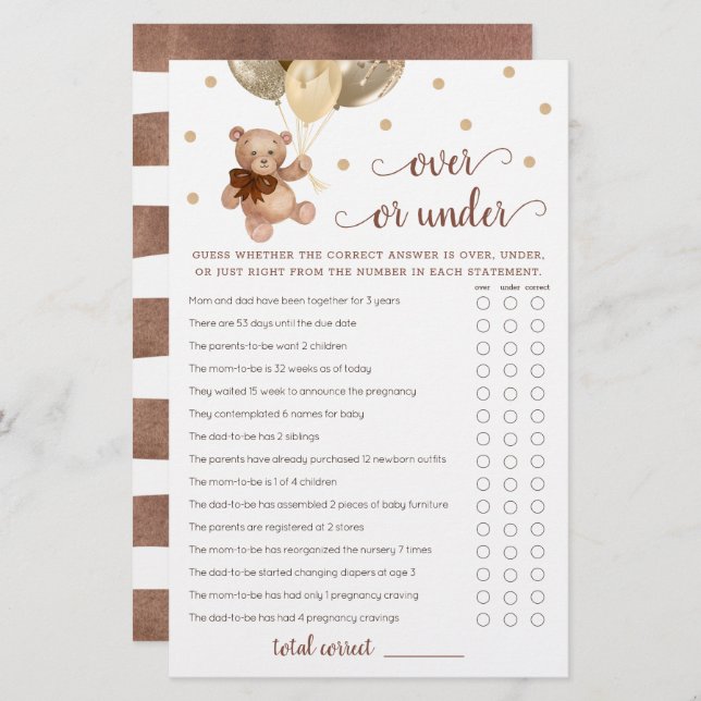 Papier Devinez au-dessus ou sous le Baby shower de jeu Te (Devant / Derrière)