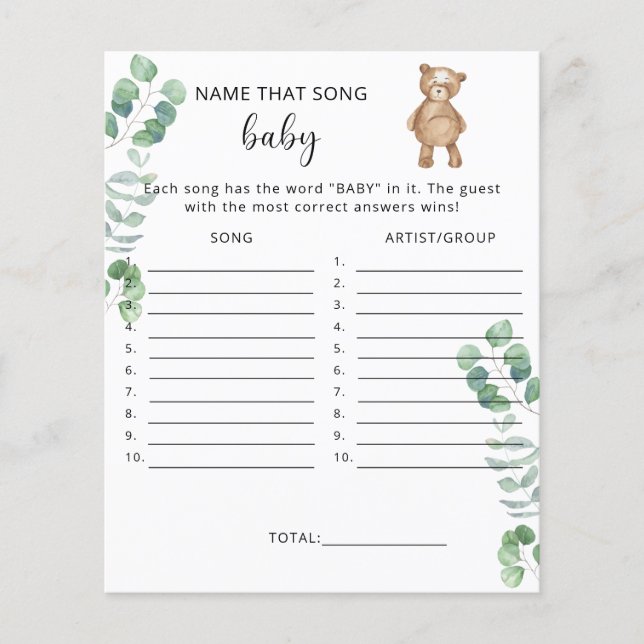 Papier Devinez cette chanson Jeu pour baby shower ours (Devant)
