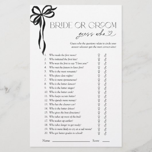 Papier Devinez De Mariée Ou De Chambre Qui Black Bow Show (Devant)