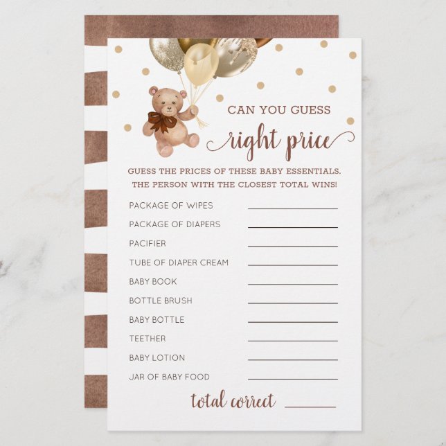 Papier Devinez juste prix jeu Baby shower Teddy Bear (Devant / Derrière)