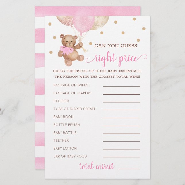 Papier Devinez juste prix jeu Baby shower Teddy Bear (Devant / Derrière)